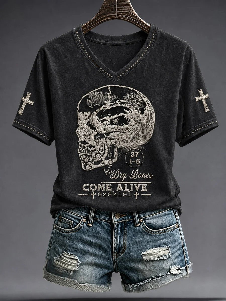 Dry Bones Come Alive V-Neck Shirt Gothic Cross Skeleton Skull Clothing Halloween Gift - Foxy23shop