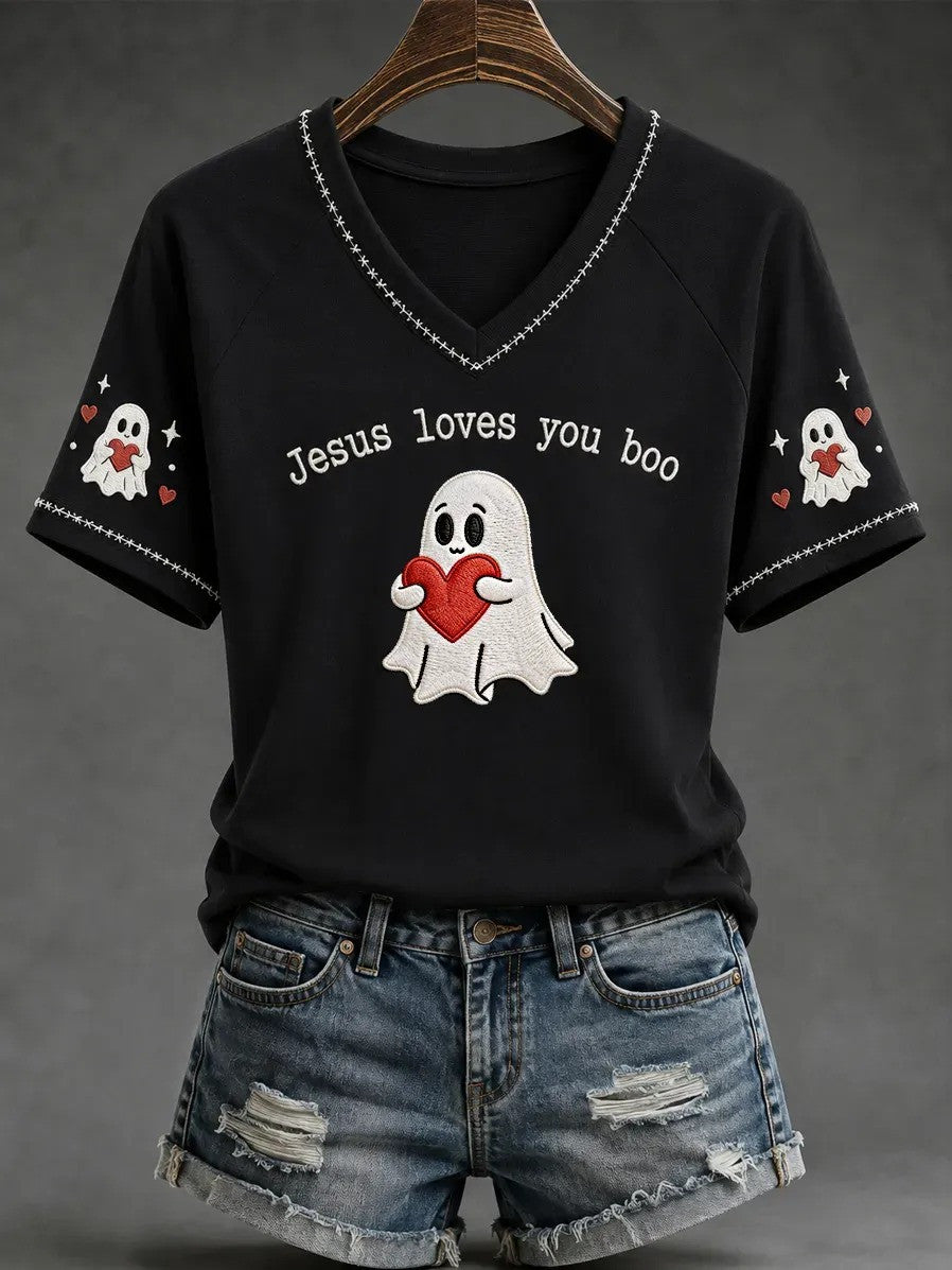 Jesus Loves You Boo V-Neck Shirt Cute Holy Ghost Clothes Halloween Jesus Lover Gift - Foxy23shop