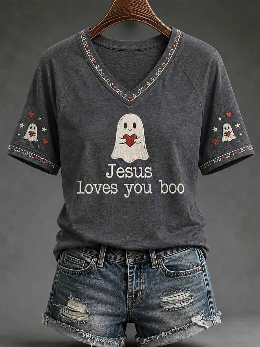 Jesus Loves You Boo V-Neck Shirt Cute Holy Ghost Clothes Halloween Gift For Mom - Foxy23shop