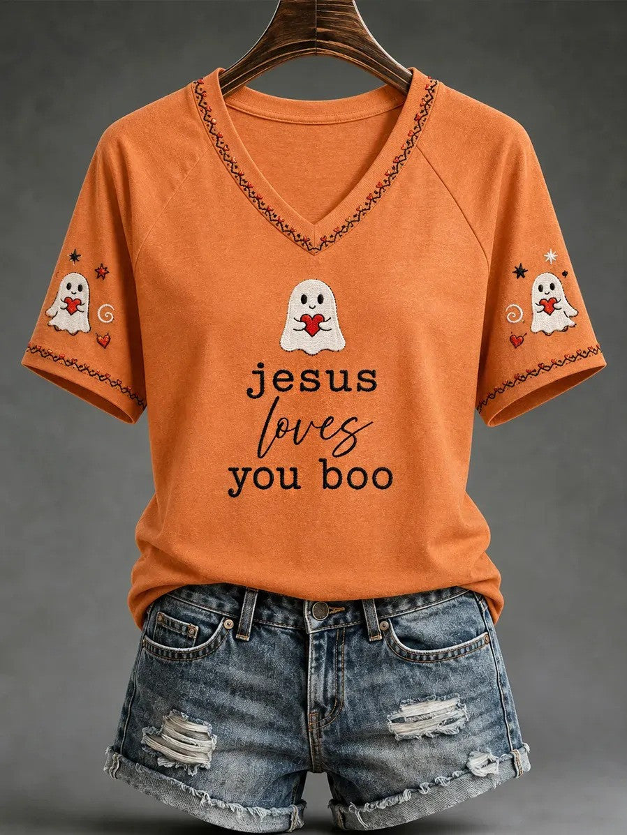 Jesus Loves You Boo V-Neck Shirt Funny Ghost Holding Heart Clothes Gift For Halloween - Foxy23shop