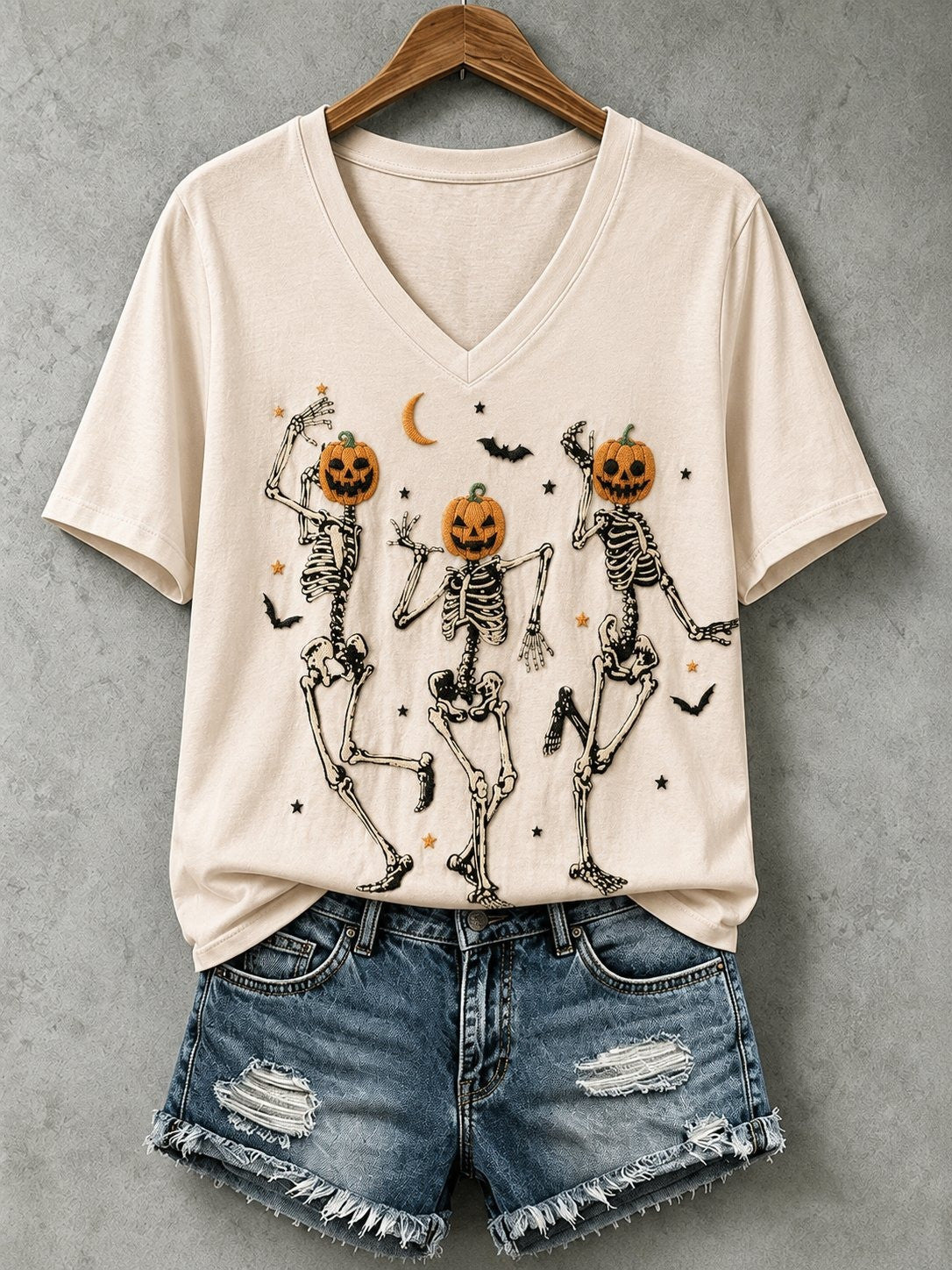 Halloween Dancing Skeleton V-Neck Shirt Cute Halloween Clothes Women Gifts - Foxy23shop