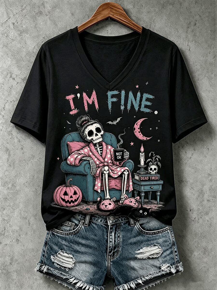 Halloween I'm Fine V-Neck T-Shirt Halloween Themed Apparel Gift For Wife - Foxy23shop
