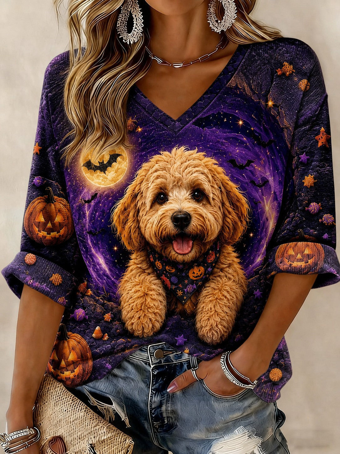 Halloween Goldendoodle V-Neck Raglan Shirt Cute Poodle Pumpkin Clothes Halloween Gift - Foxy23shop