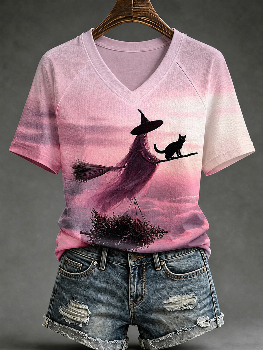 Halloween Witch Era V-Neck Shirt Halloween Witchcraft Clothes Breast Cancer Awareness Gift - Foxy23shop