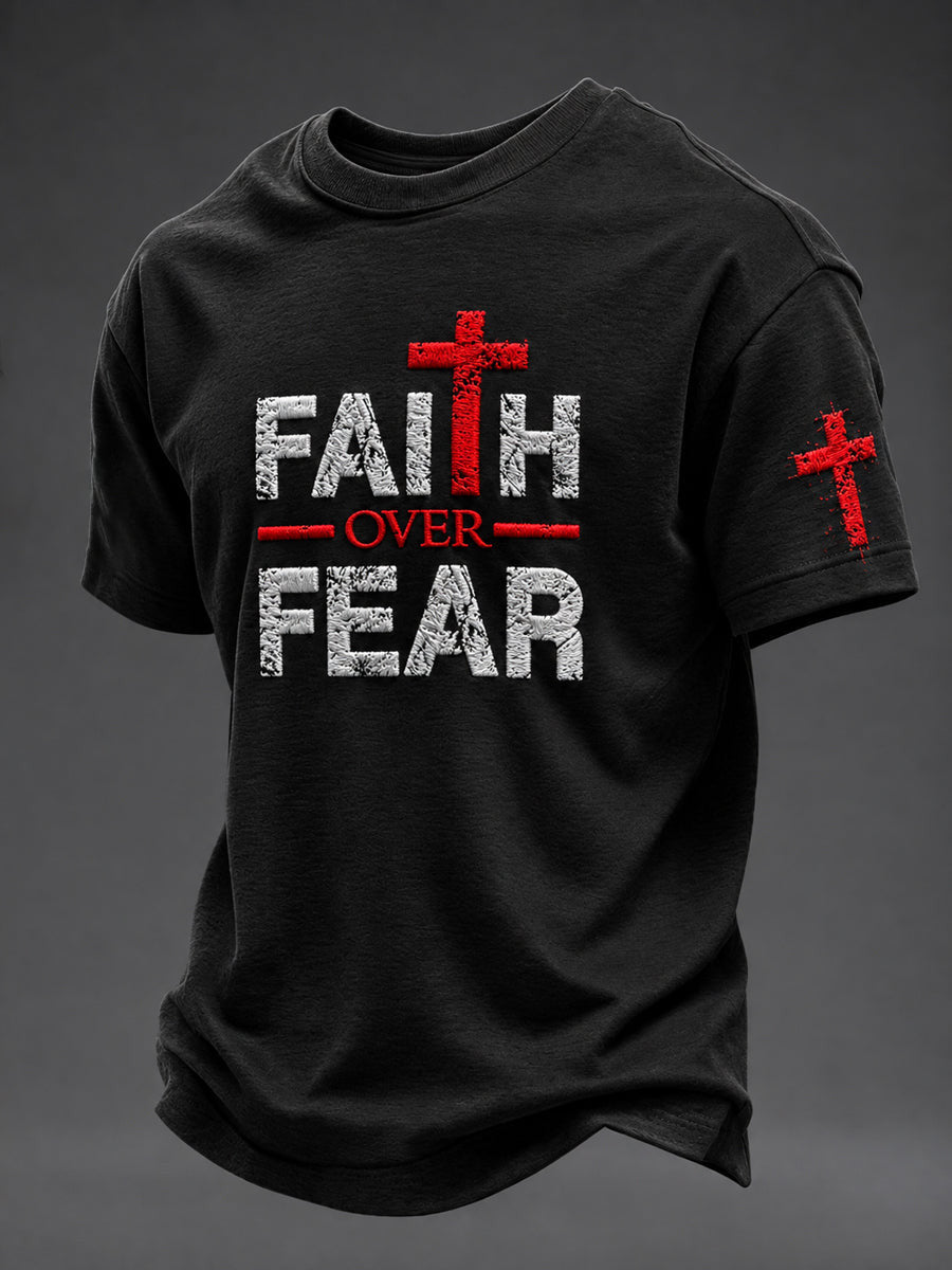 Faith Over Fear T-Shirt Christian Red Cross Clothes Religious Gift For Men - Foxy23shop