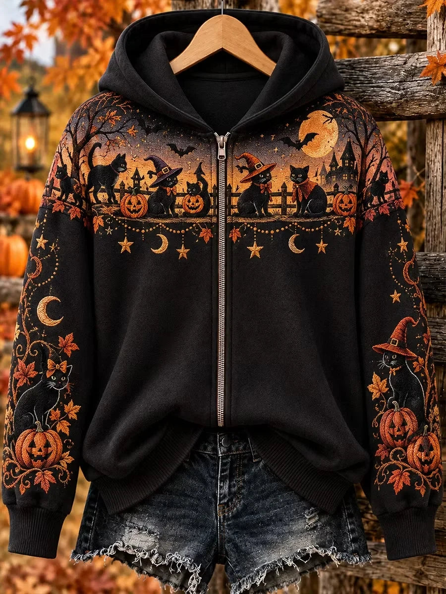 Halloween Witch Cat Zip Up Hoodie Halloween Hooded Sweatshirt Cat Lovers Gifts Ideas