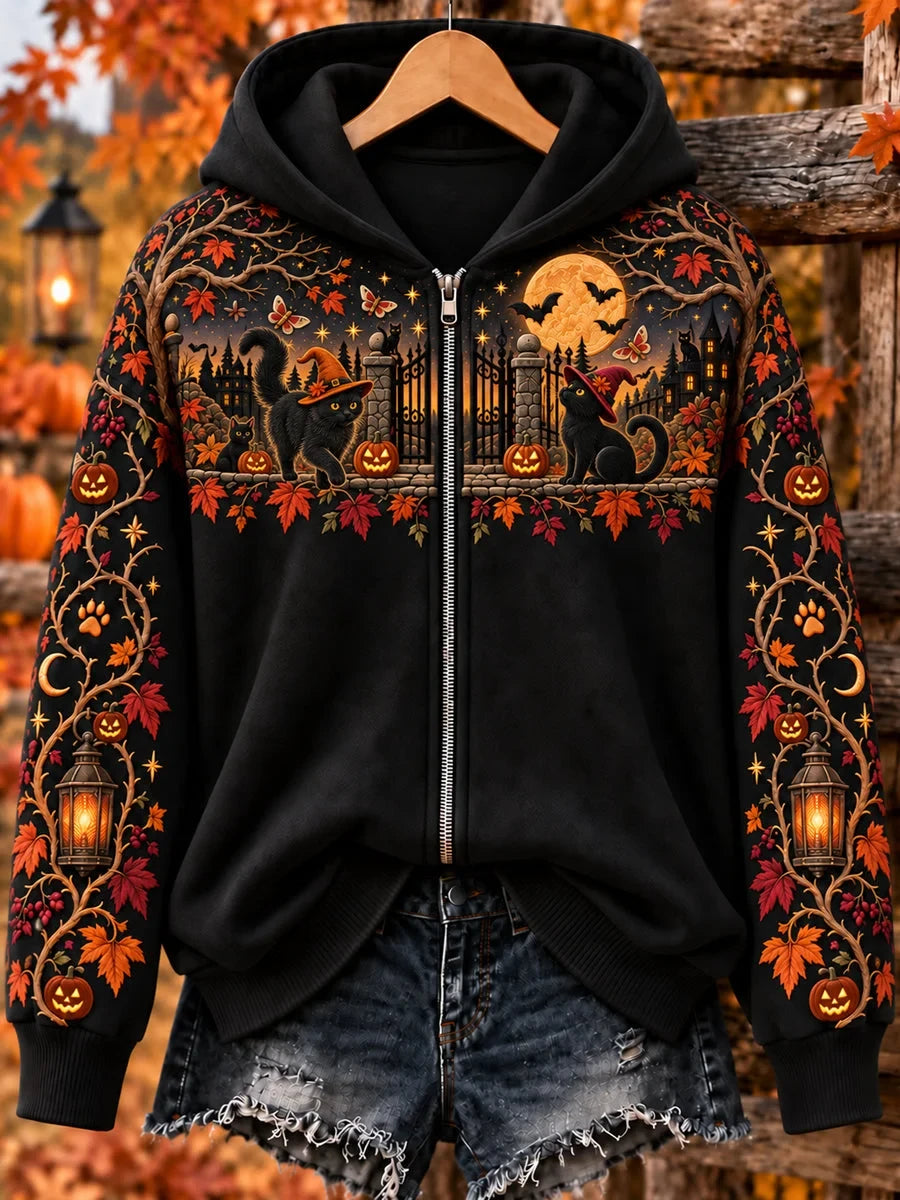 Halloween Witch Cat Zip Up Hoodie Halloween Hooded Sweatshirt Gifts For Sister