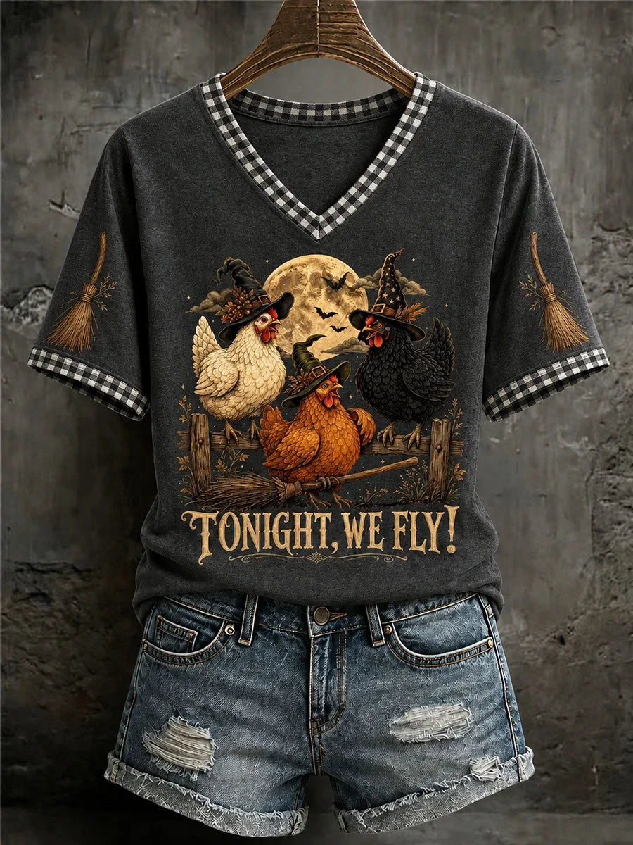 Chickens Tonight We Fly Halloween Fun V-Neck Shirt Halloween Clothes Gifts Idea For Girlfriend
