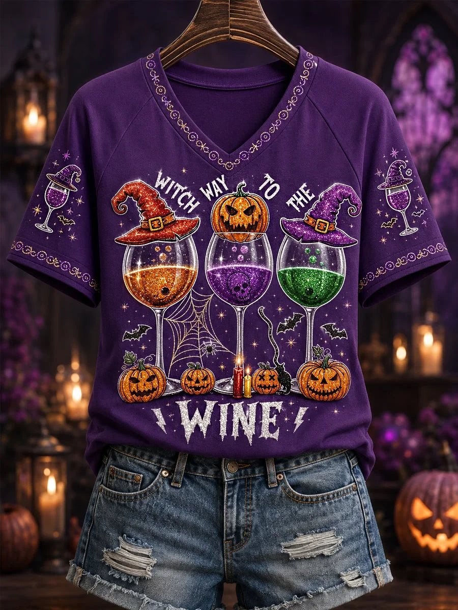 Funny Halloween Witch Way To The Wine V-Neck Shirt Halloween Clothes Gifts For Her