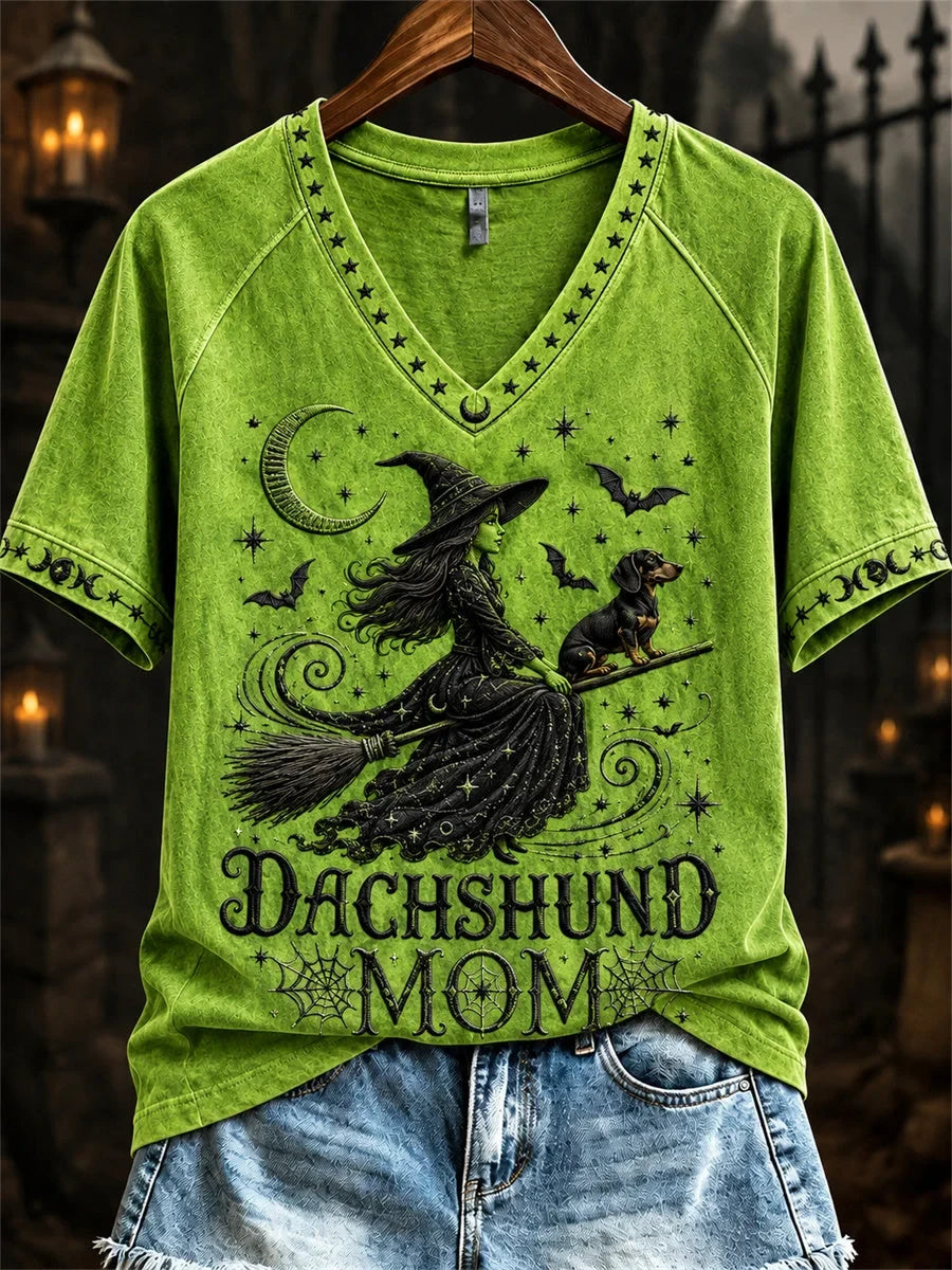 Halloween Bad Witch Dachshund Mom V-Neck Shirt Halloween Apparel Gifts For Dog Mom