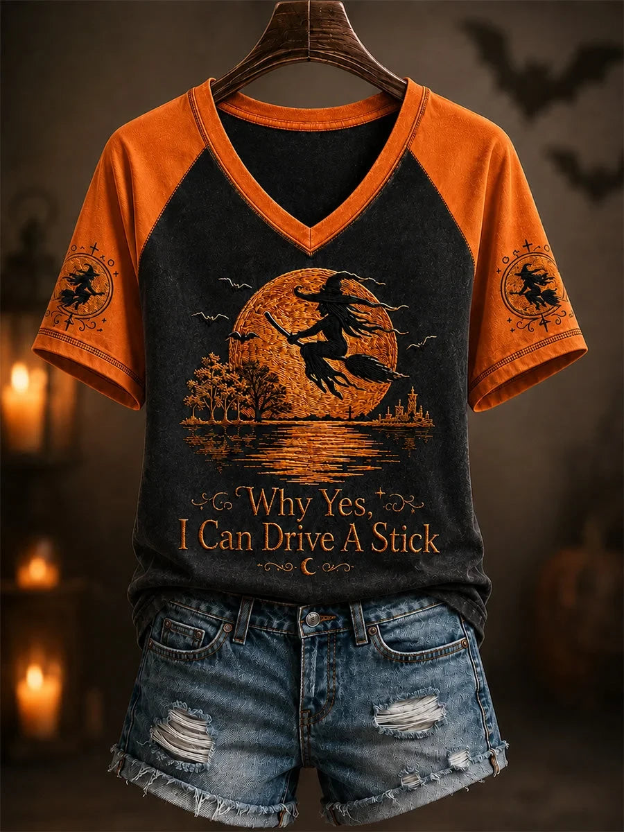 Funny Halloween Witch Why Yes Actually I Can Drive A Stick V-Neck Shirt Halloween Clothing