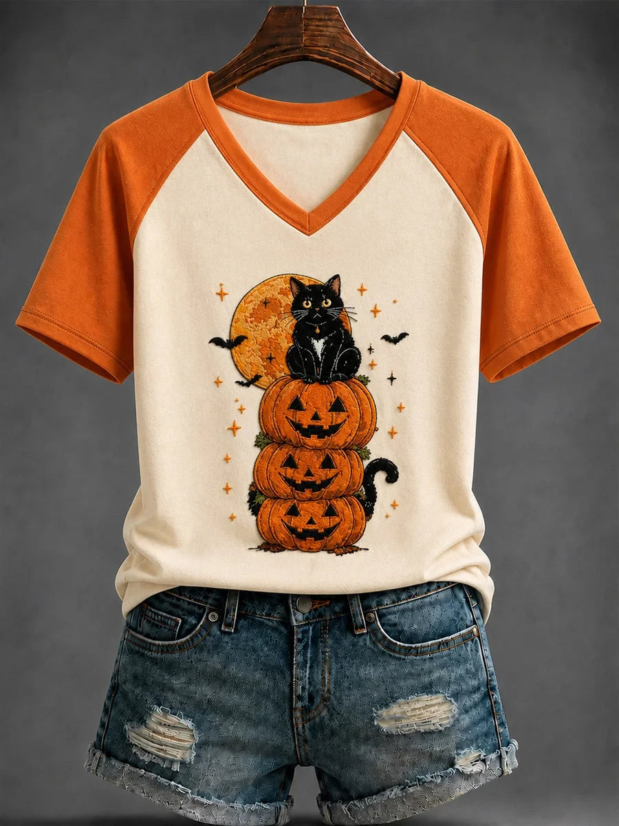 Halloween Cat And Pumpkin Graphic V-Neck Shirt Halloween Clothing Gifts For Girlfriend