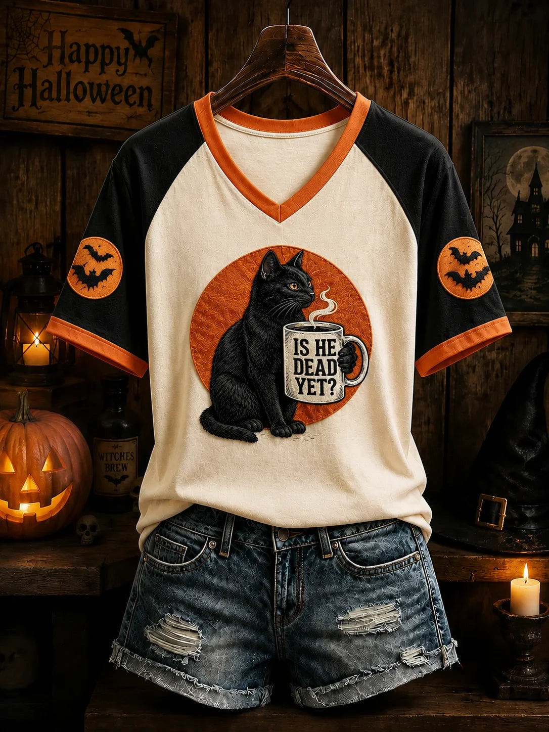 Halloween Cat V-Neck Shirt Scary Halloween Clothing Unique Gifts For Cat Lovers