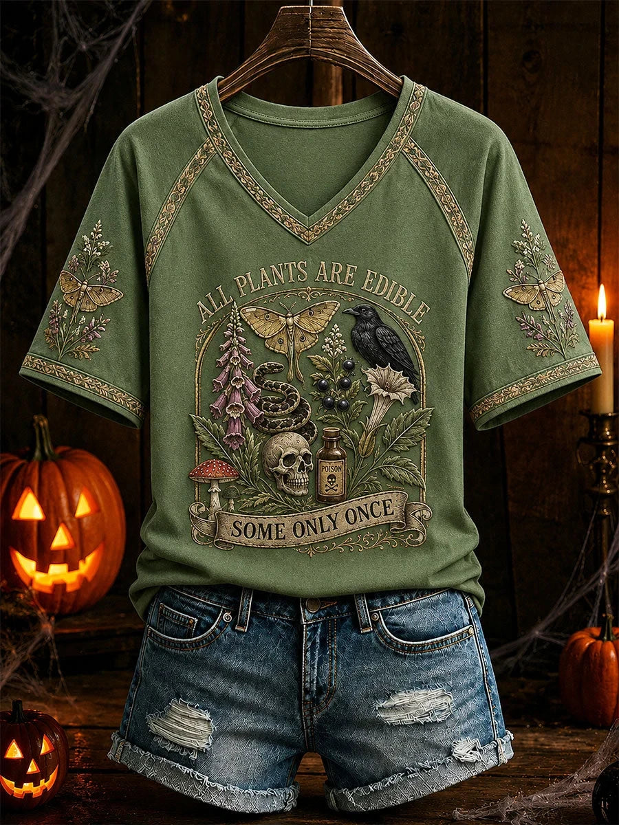 All Plants Are Edible Some Only Once Halloween Floral V-Neck Shirt Halloween Clothes