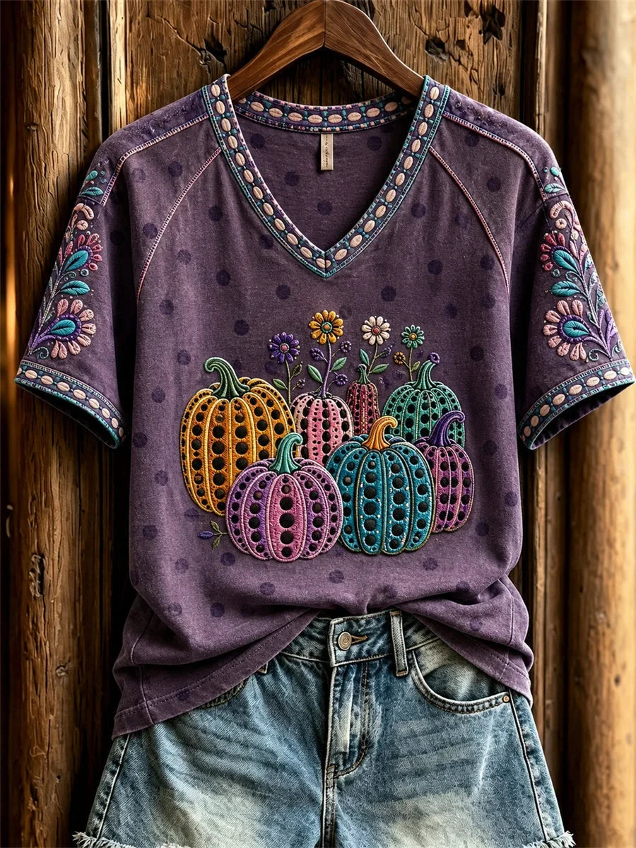 Classic Fall Pumpkin Polka Dots Art V-Neck Shirt Halloween Clothes Gifts Idea For Mother