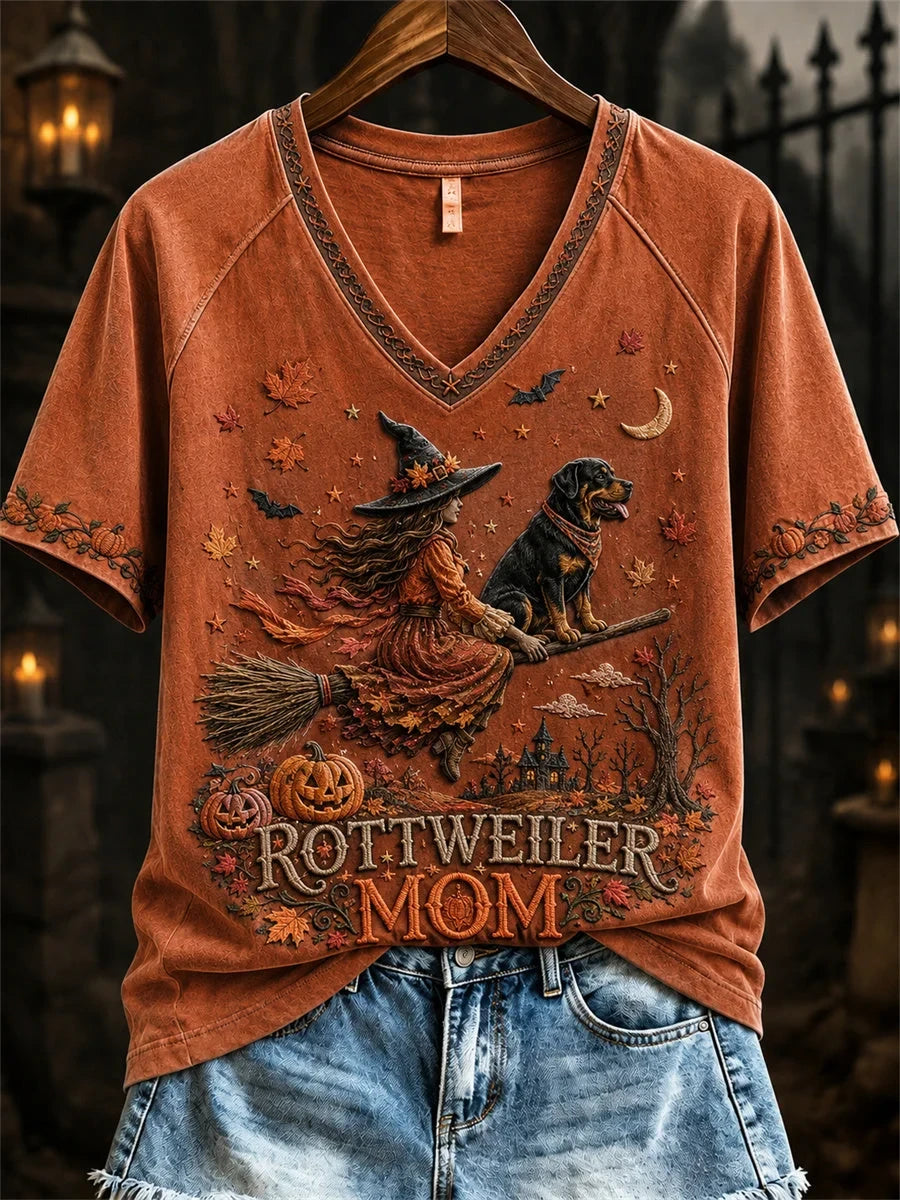 Halloween Fall Rottweiler Mom Witch & Dog V-Neck Shirt Halloween Merch Gifts For Dog Lovers