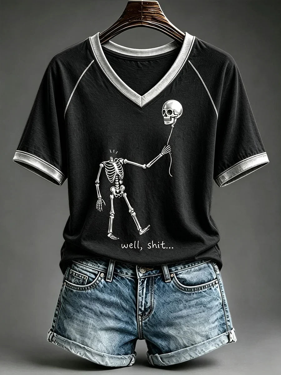 Halloween Skull Well Shit V-Neck Shirt Spooky Halloween Clothes Gifts For Sister