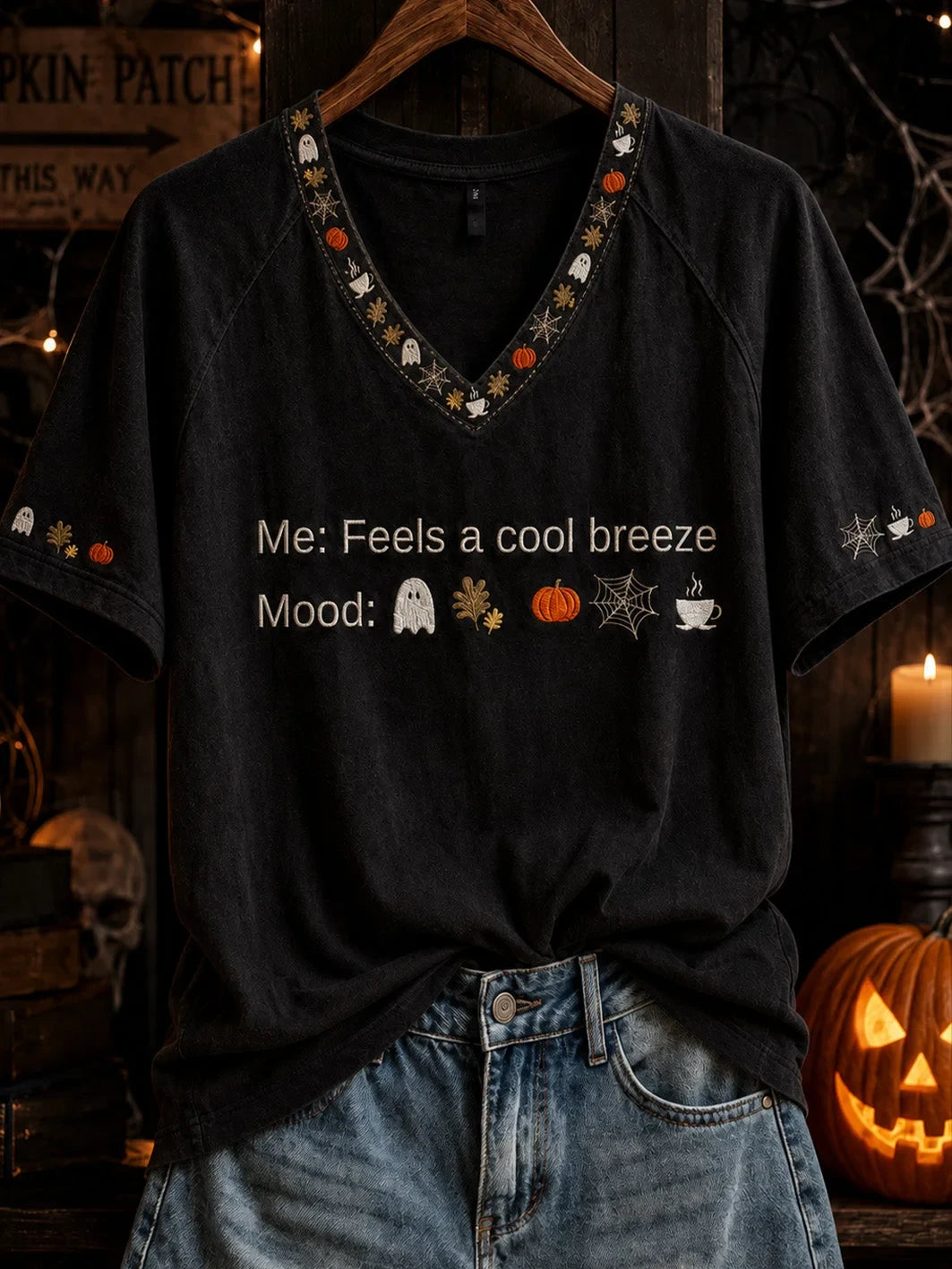 Halloween Themed Pattern Design V-Neck Shirt Halloween Merch Presents Idea For Wife