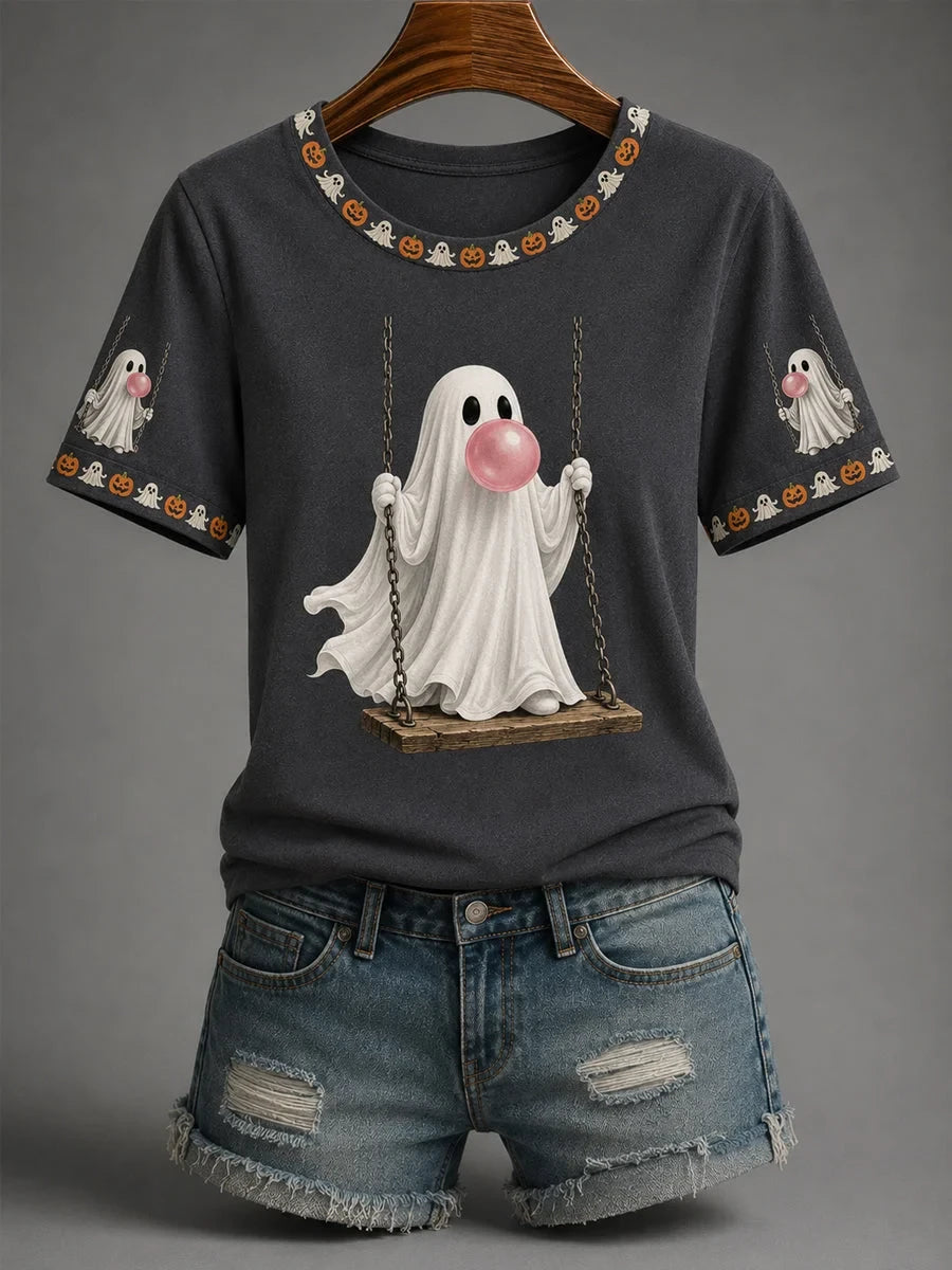 Fall Halloween Cute Bubble Gum Ghost On Swing Shirt Best Halloween Clothing Gifts For Her