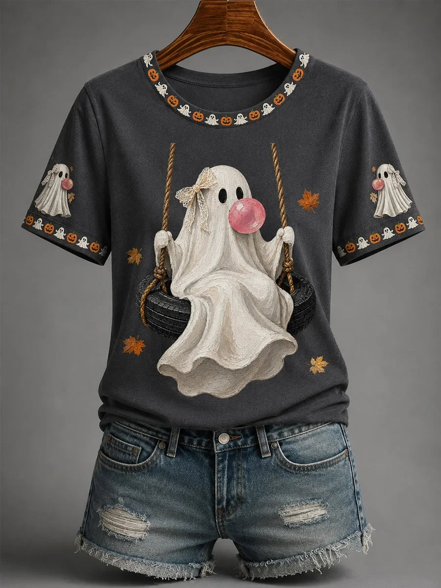 Fall Halloween Cute Bubble Gum Ghost On Swing Shirt Halloween Merch Gifts For Sister