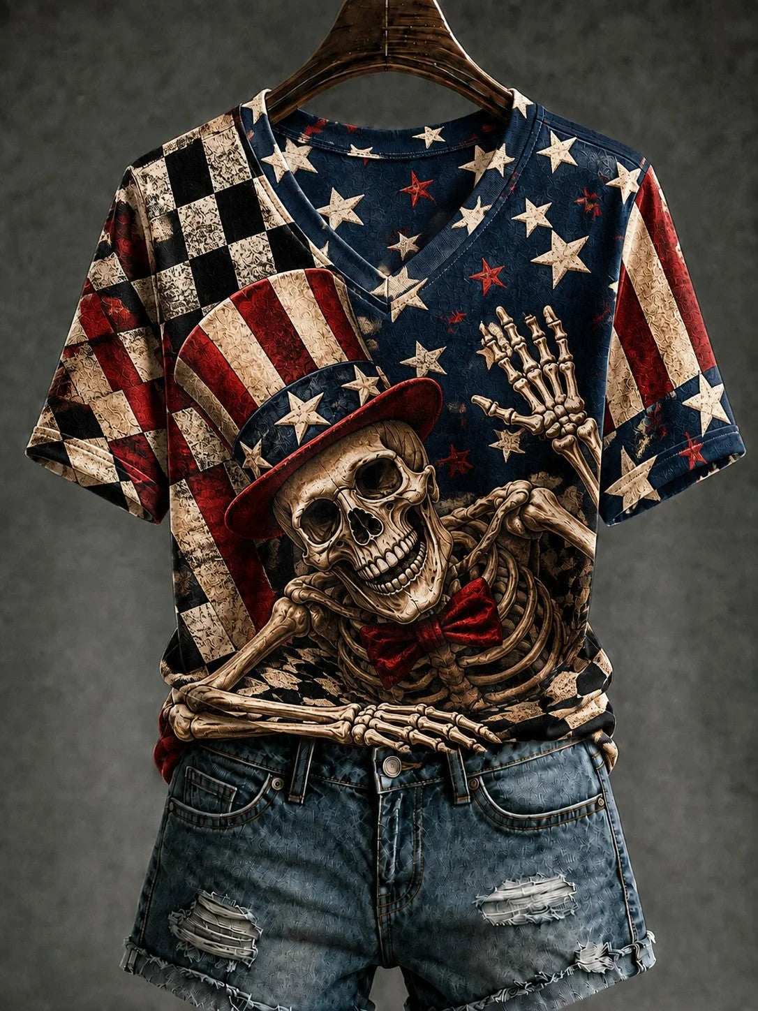 Patriotic Skeleton American Flag Halloween V-Neck Shirt Holiday Clothing Halloween Gifts Idea