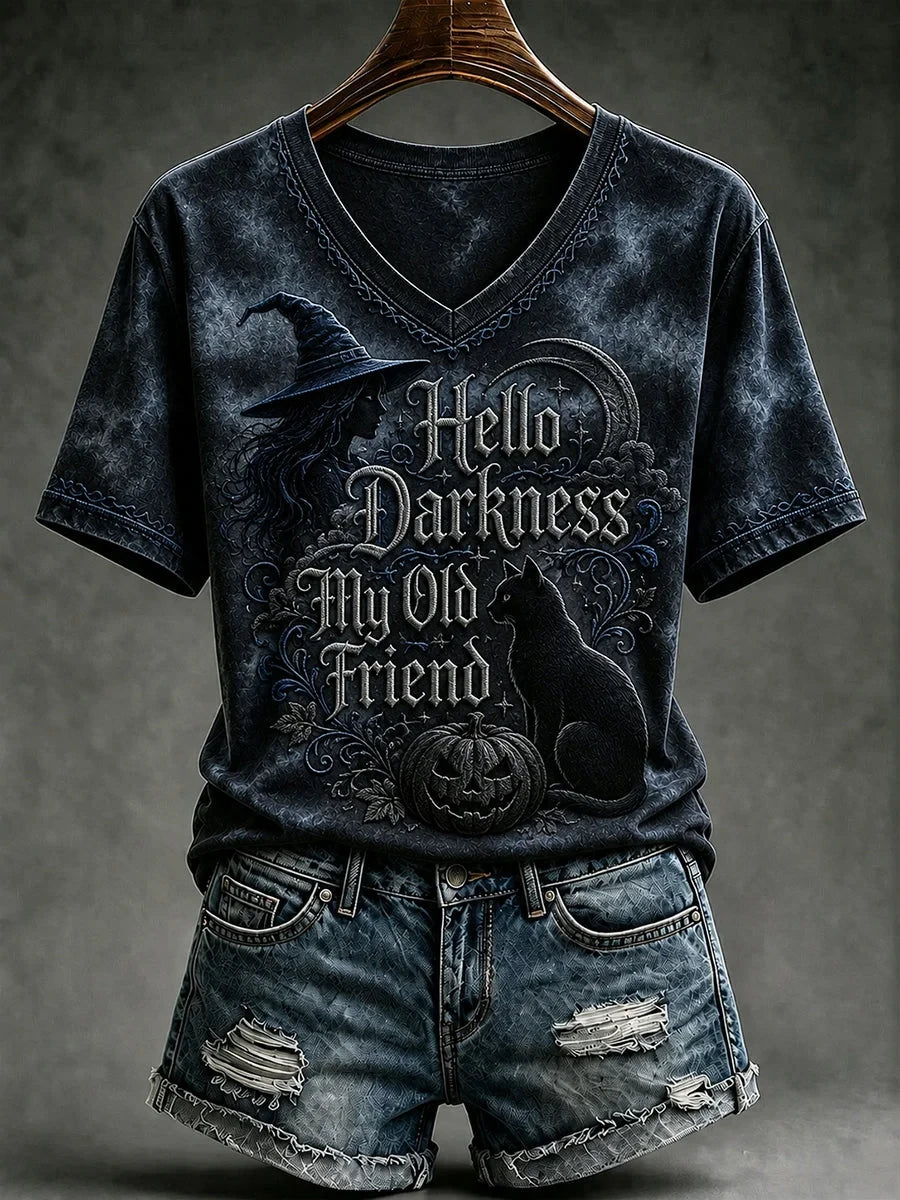 Hello Darkness My Old Friend Halloween V-Neck Shirt Scary Season Clothing Gifts For Wife
