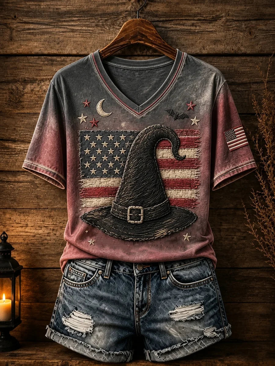 Witch Hat Patriotic Design Halloween V-Neck Shirt Halloween Clothes Gifts For Girlfriend