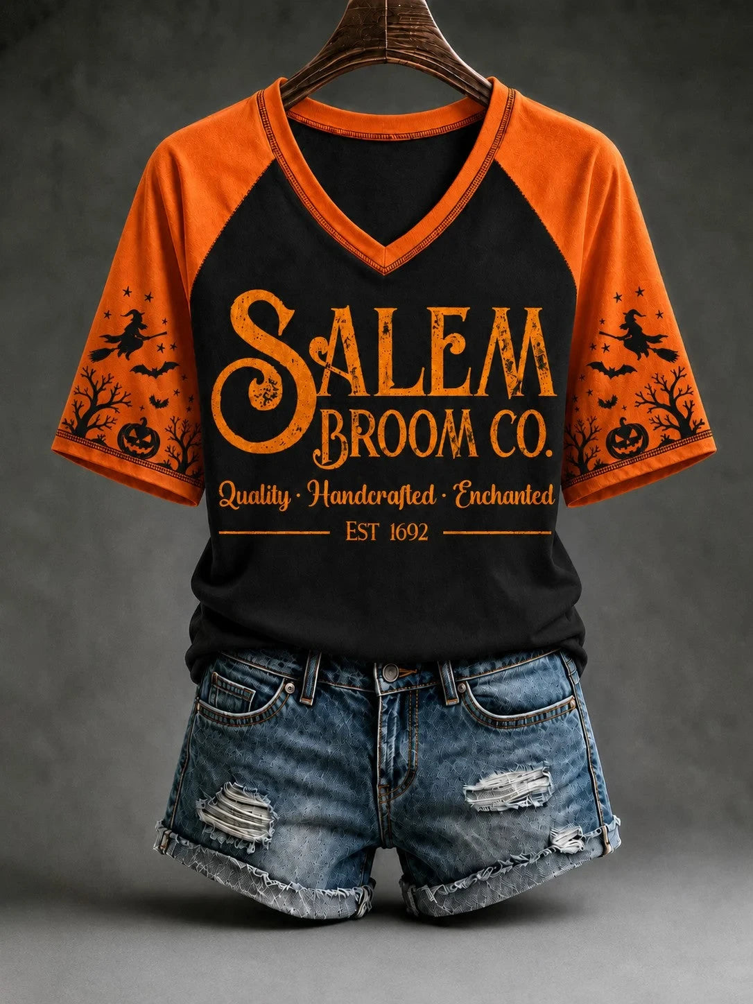 Salem Broom Company Halloween V-Neck Shirt Haunted Halloween Clothes Presents For Wife