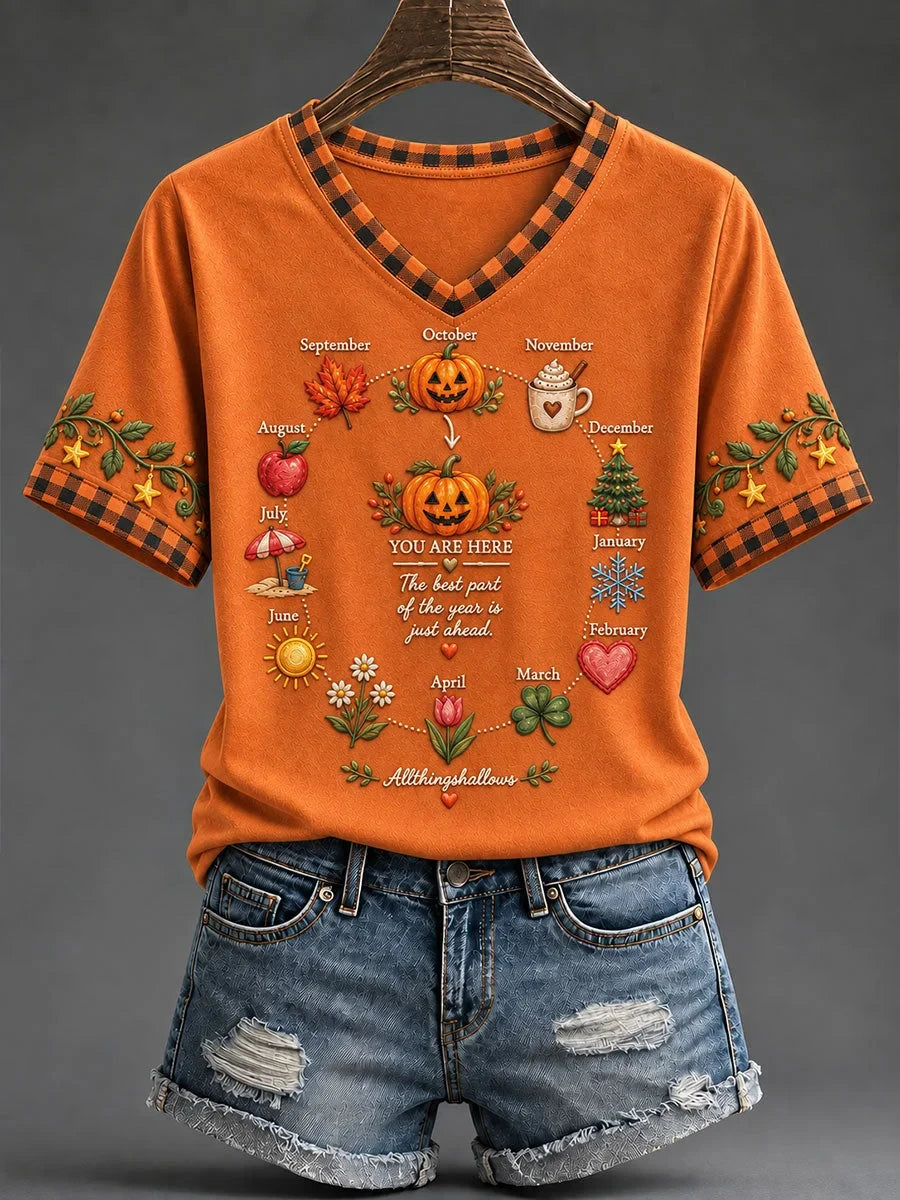 Seasonal & Holiday Pumpkin Graphic V-Neck Shirt Halloween Clothes Cute Gifts For Girlfriend