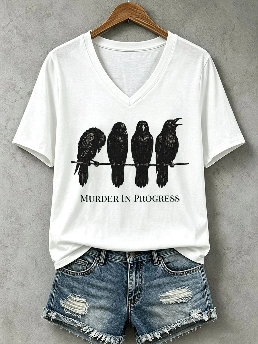 Murder In Progress Crow Halloween V-Neck Shirt Spooky Halloween Clothing Gifts For Wife
