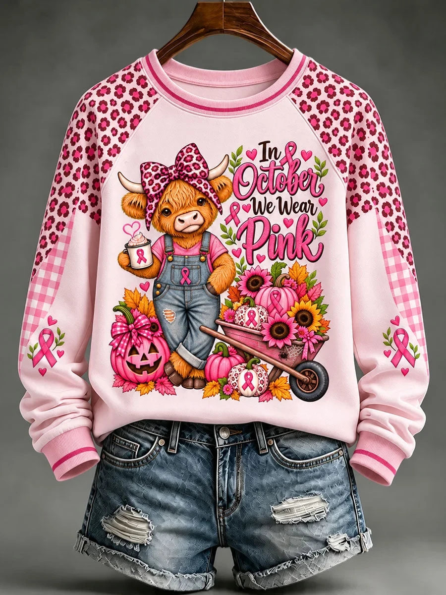 In October We Wear Pink Highland Cow Sweatshirt Halloween Clothing Gifts For Mom