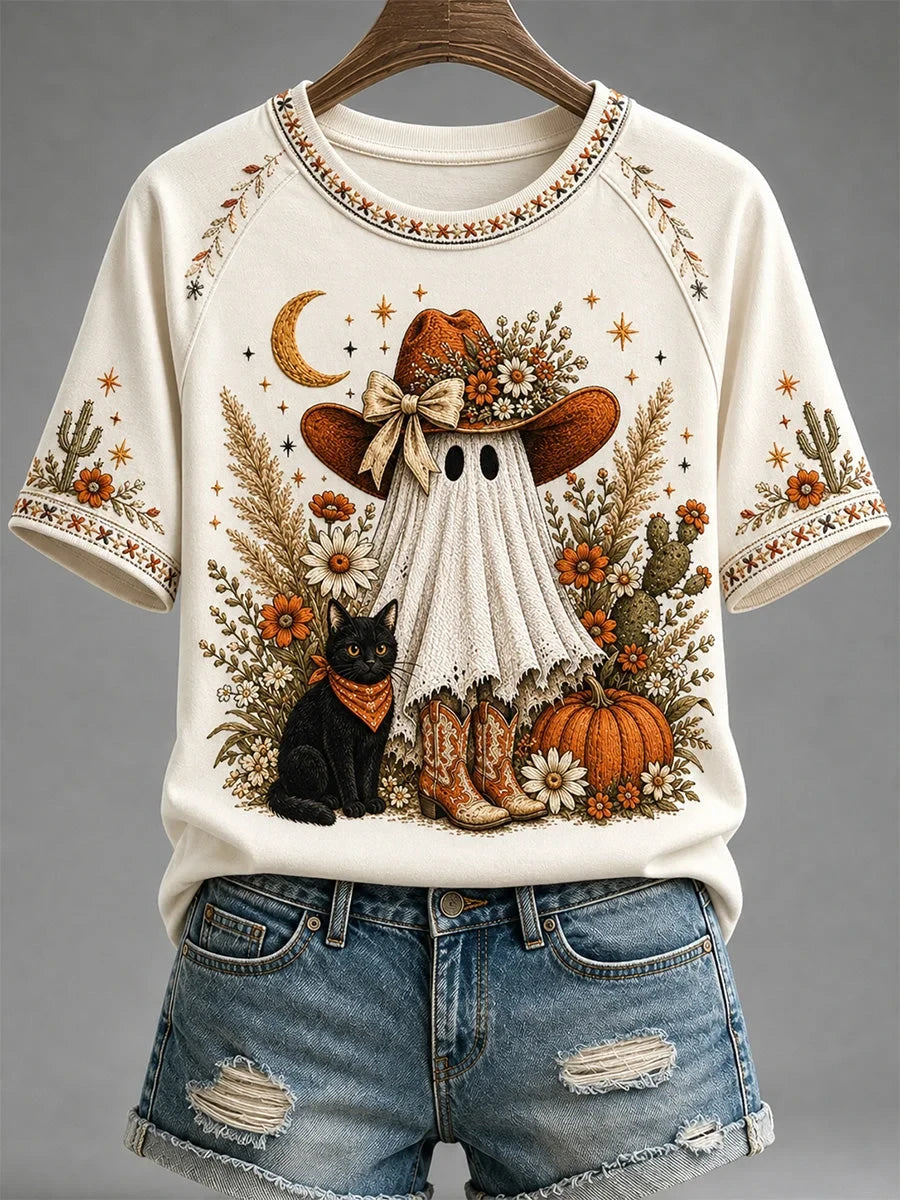 Autumn Ghost Pumpkin Graphic T-Shirt Halloween Clothes Gifts Ideas For Sister