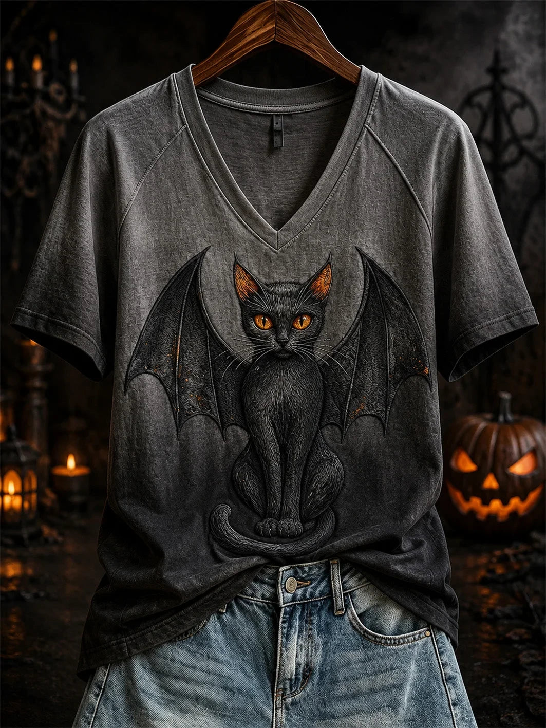 Halloween Bat Cat Pattern V-Neck Shirt Halloween Apparel Gift Idea For Cat Lovers