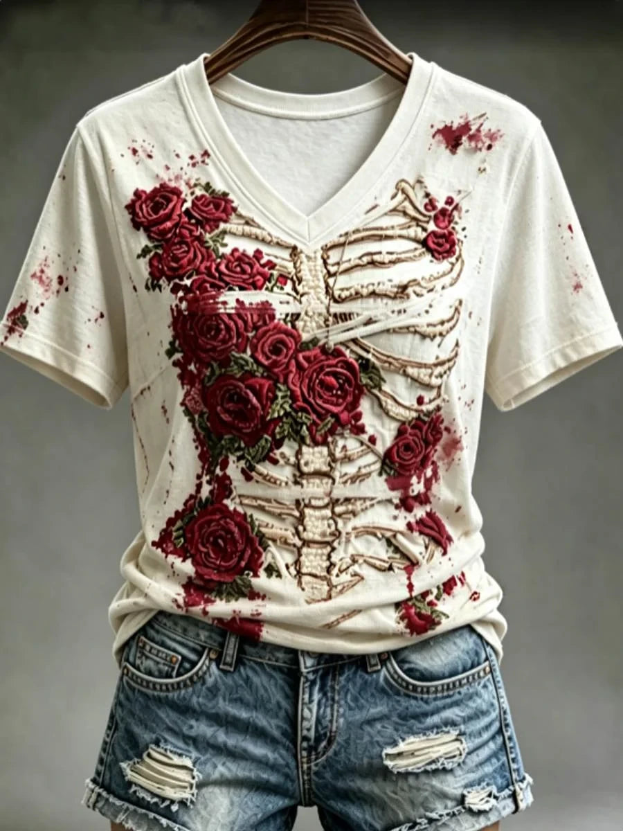 Halloween Bloody Human Skeleton With Floral Art V-Neck Shirt Halloween Clothes Gifts Idea For Mom