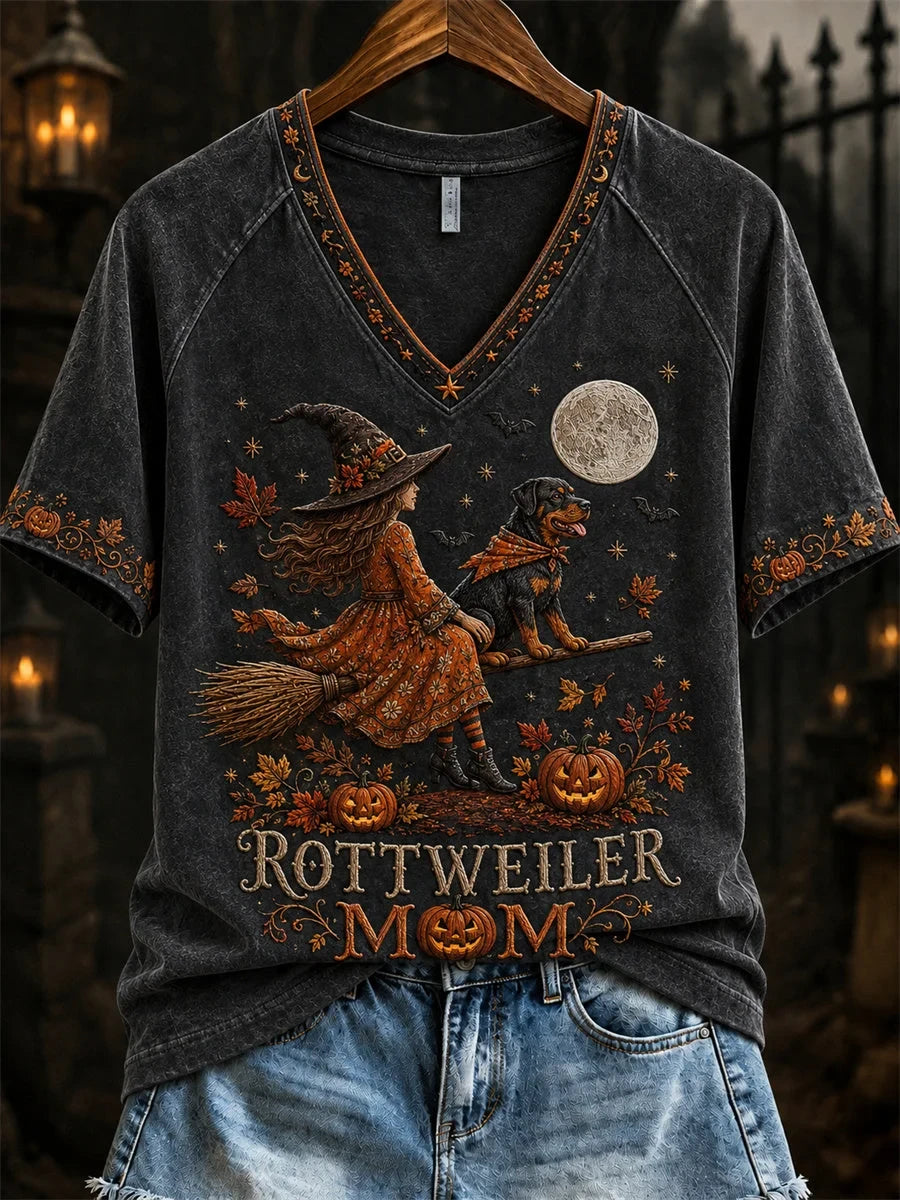 Halloween Fall Rottweiler Mom Witch & Dog Vintage V-Neck Shirt Halloween Clothes Gifts For Wife