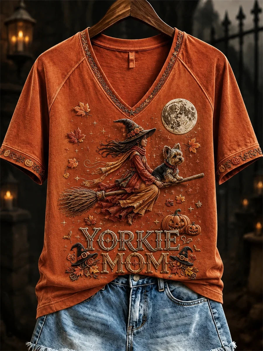 Halloween Fall Yorkie Mom Witch & Dog V-Neck Shirt Halloween Clothing Line