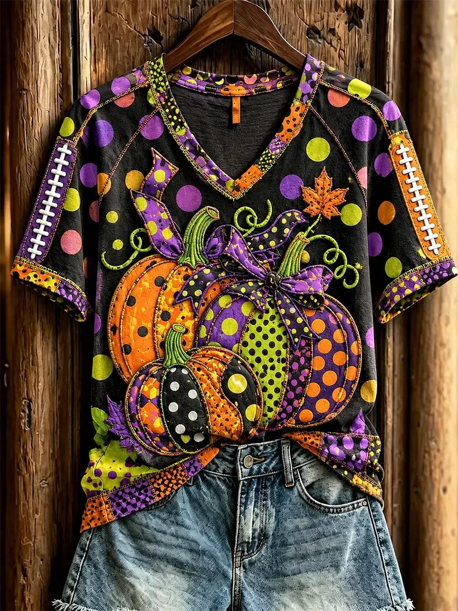 Halloween Pumpkin Graphic Design V-Neck Shirt Halloween Clothing Presents Idea For Sister