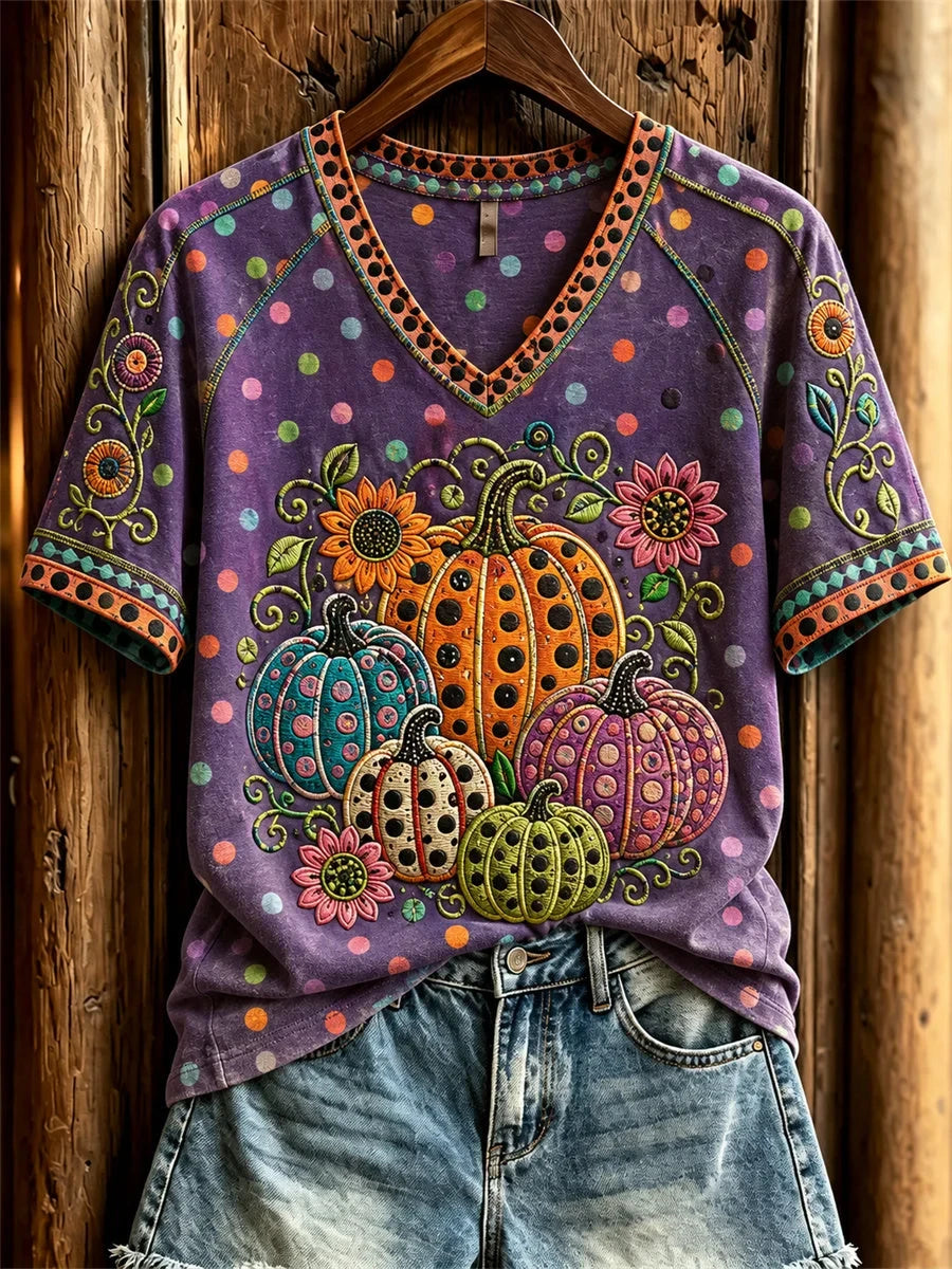 Halloween Pumpkins Floral Polka Dots Art V-Neck Shirt Spooky Season Merch Cool Gifts For Sister