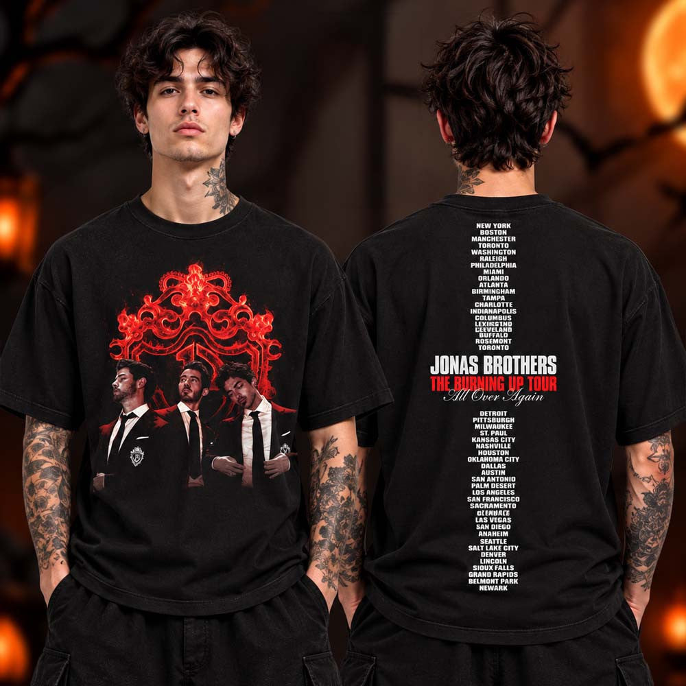 Jonas Brothers Merch Collection Burning Up Crest Tour 2026 T-Shirt Best Gifts For Music Lovers - Foxy23shop