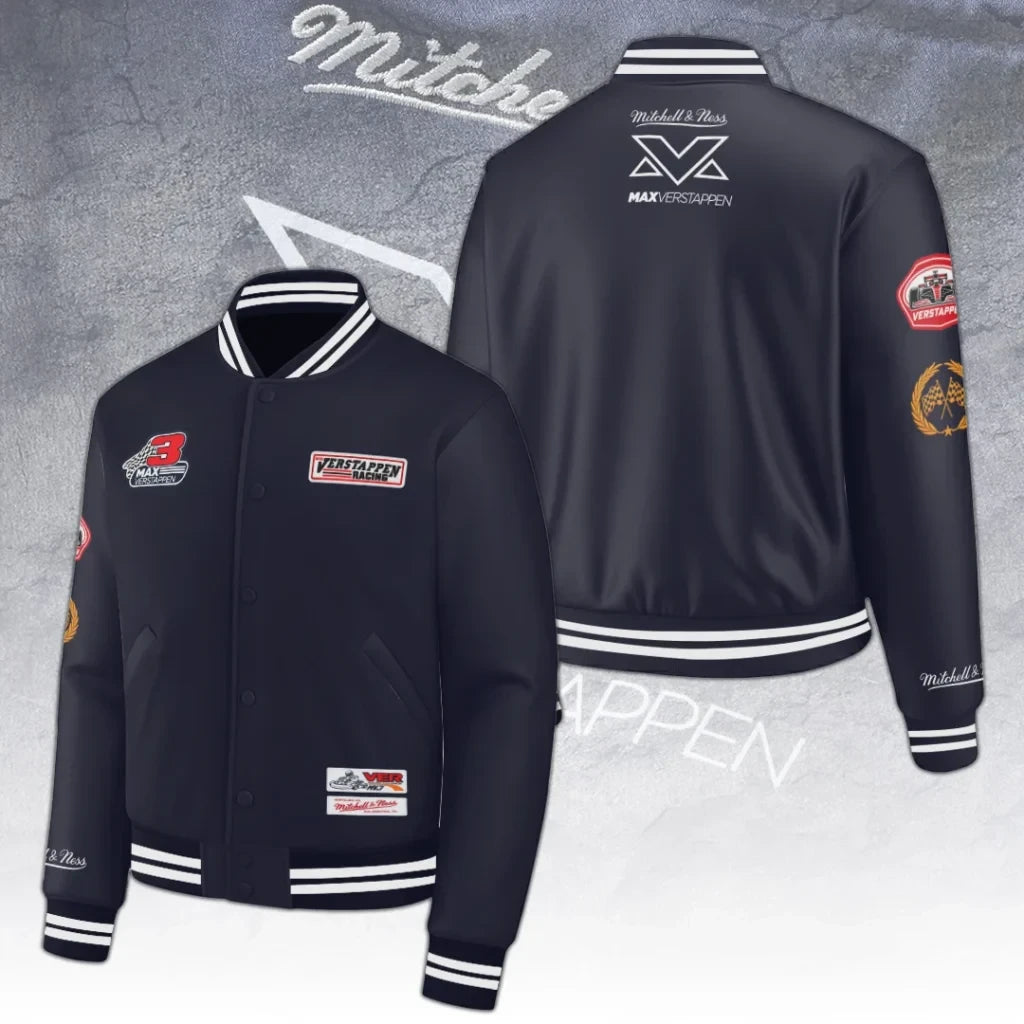 Max Verstappen Racing X Mitchell Ness Bomber Jacket Max Verstappen Merch Gifts For F1 Lovers - Foxy23shop