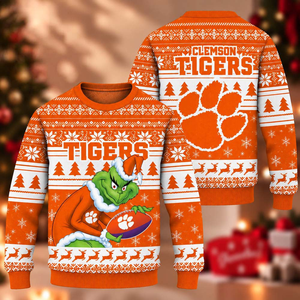 NCAA Clemson Tigers Grinch Ugly Christmas Sweater Clemson Tigers Merch Xmas Gifts For Fans - Foxy23shop