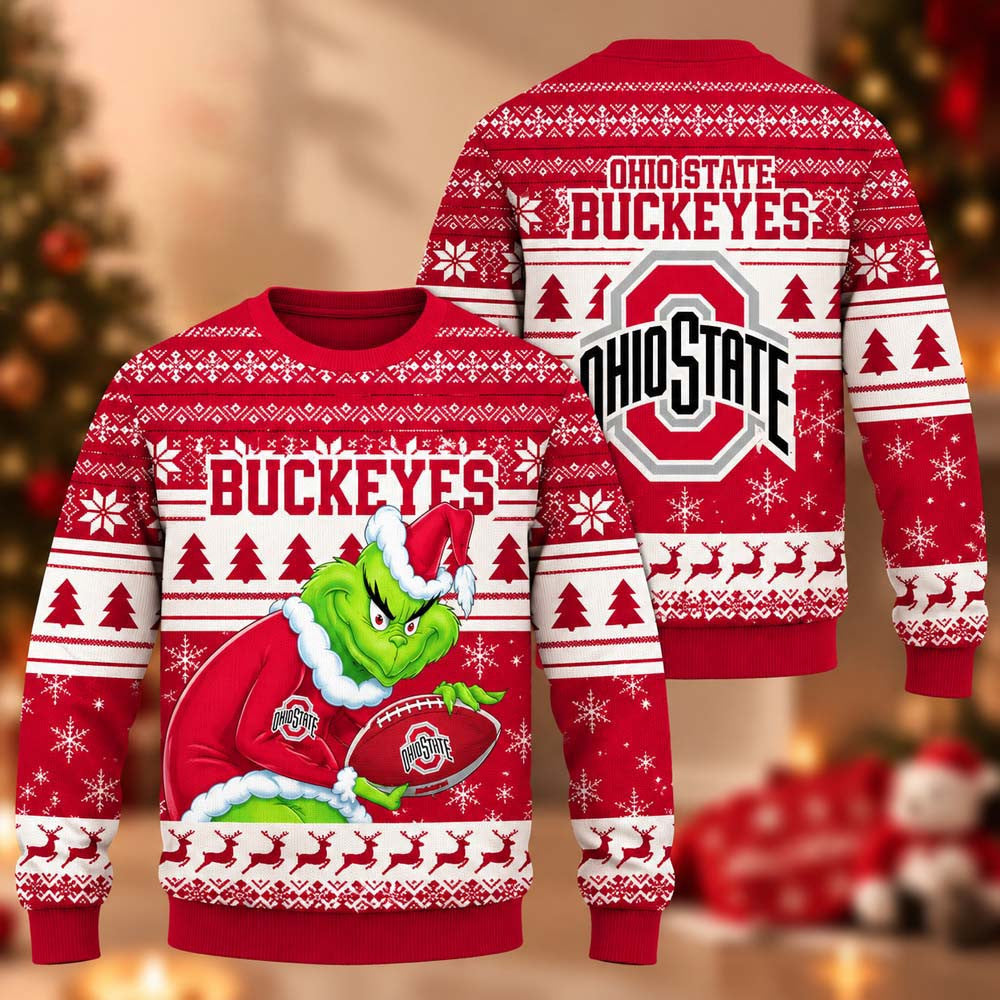 NCAA Ohio State Buckeyes Grinch Ugly Christmas Sweater Ohio State Buckeyes Merch Fan Gear - Foxy23shop