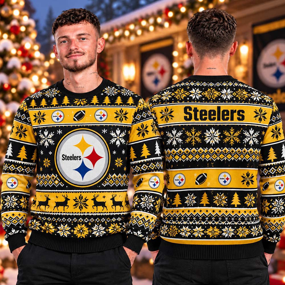 Pittsburgh Steelers NFL Big Logo Knit Christmas Ugly Sweater Pittsburgh Steelers Merch Football Fan Gear - Foxy23shop