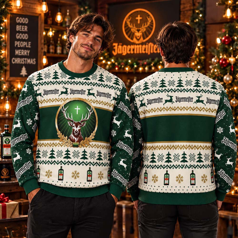 Jagermeister Big Deer Logo Golden Logo Holiday Ugly Sweater Xmas Clothing Gift Ideas - Foxy23shop