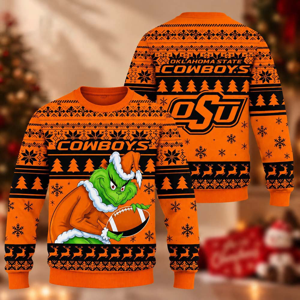 NCAA Oklahoma State Cowboys Grinch Ugly Christmas Sweater Football Fan Gear - Foxy23shop
