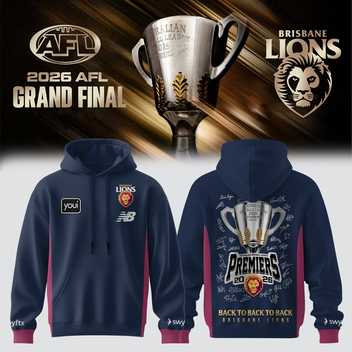 Brisbane Lions Back To Back To Back Champions 2026 Hoodie Brisbane Lions Merch Fan Gear - Foxy23shop