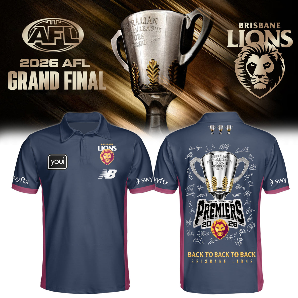 Brisbane Lions Back To Back To Back Champions 2026 Polo Shirt Brisbane Lions Gear - Foxy23shop