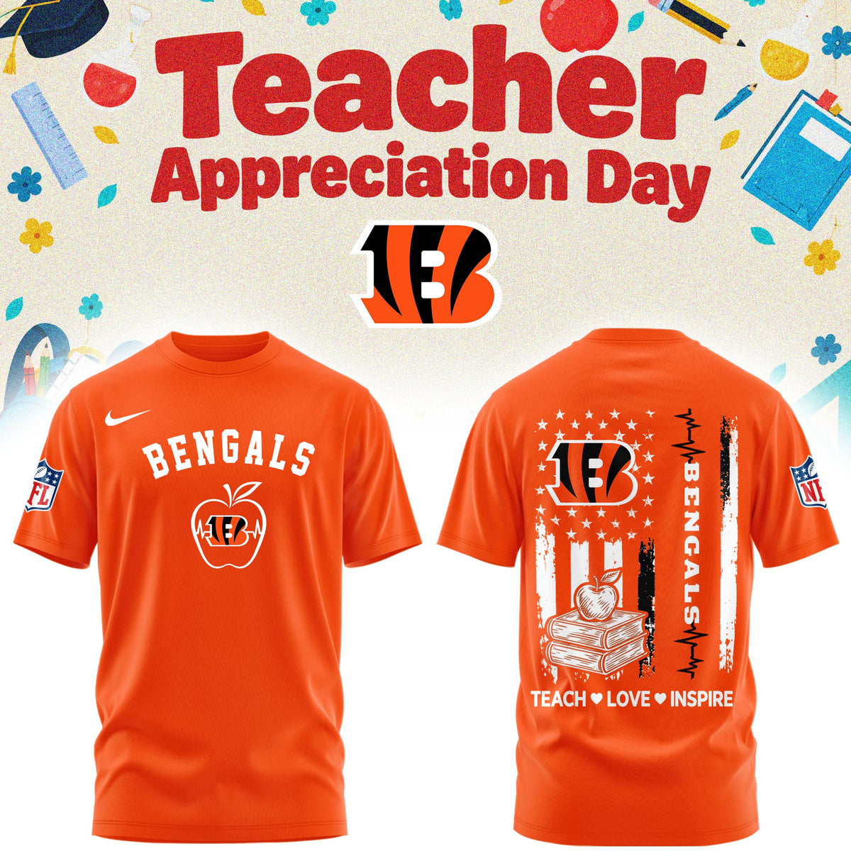 Cincinnati Bengals Merch NFL 2026 X Teacher Appreciation Day T-Shirt Presents For Football Lovers - Foxy23shop