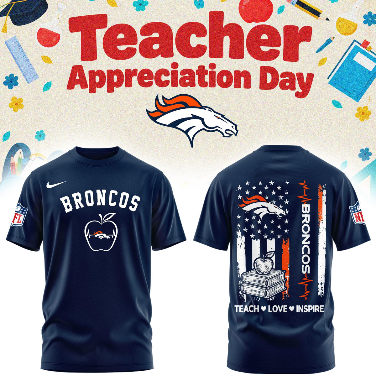 Denver Broncos Merch NFL 2026 X Teacher Appreciation Day T-Shirt Football Fan Gear - Foxy23shop