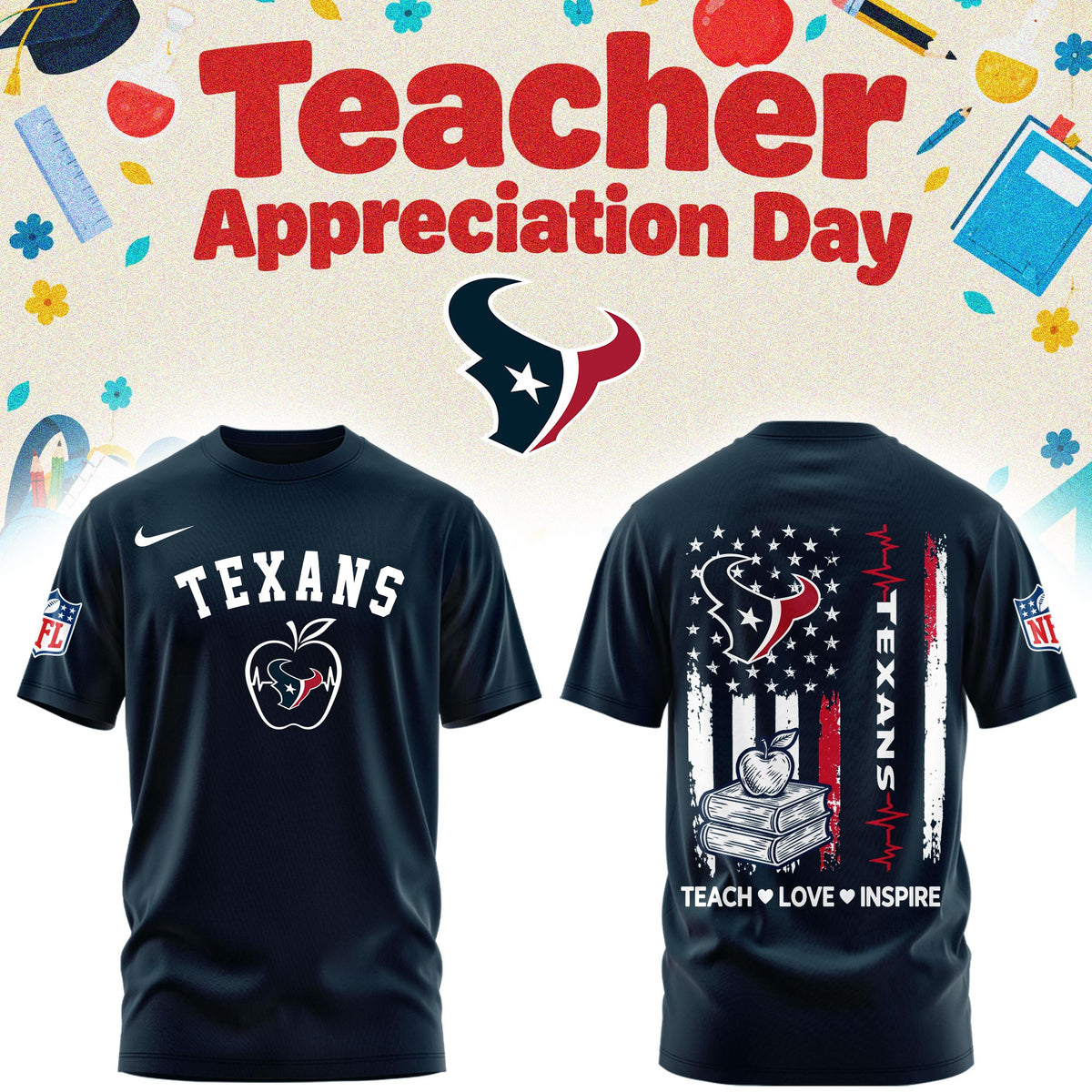 Houston texans Merch NFL 2026 X Teacher Appreciation Day T-Shirt Gifts For NFL Fans - Foxy23shop